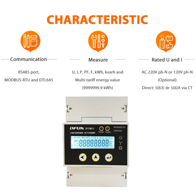 Medidor de energía trifásico DFPM93 5A vía característica CT