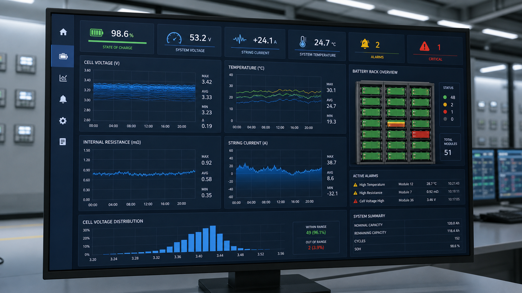 Panel de monitoreo de bater&iacute;as de subestaciones que muestra la temperatura del voltaje de la celda y la resistencia interna 
